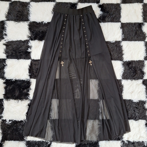 Daisy Street Dresses & Skirts - Lace-Up Maxi Skirt Black Sheer with Metal Crosses - Goth Grunge Alt XS/S
